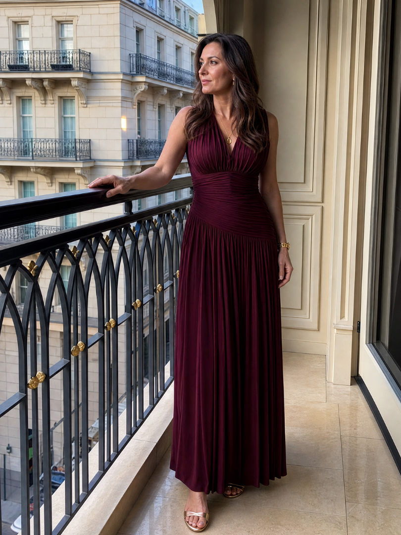 Lemar | Vestido midi sin mangas con escote en V y pliegues