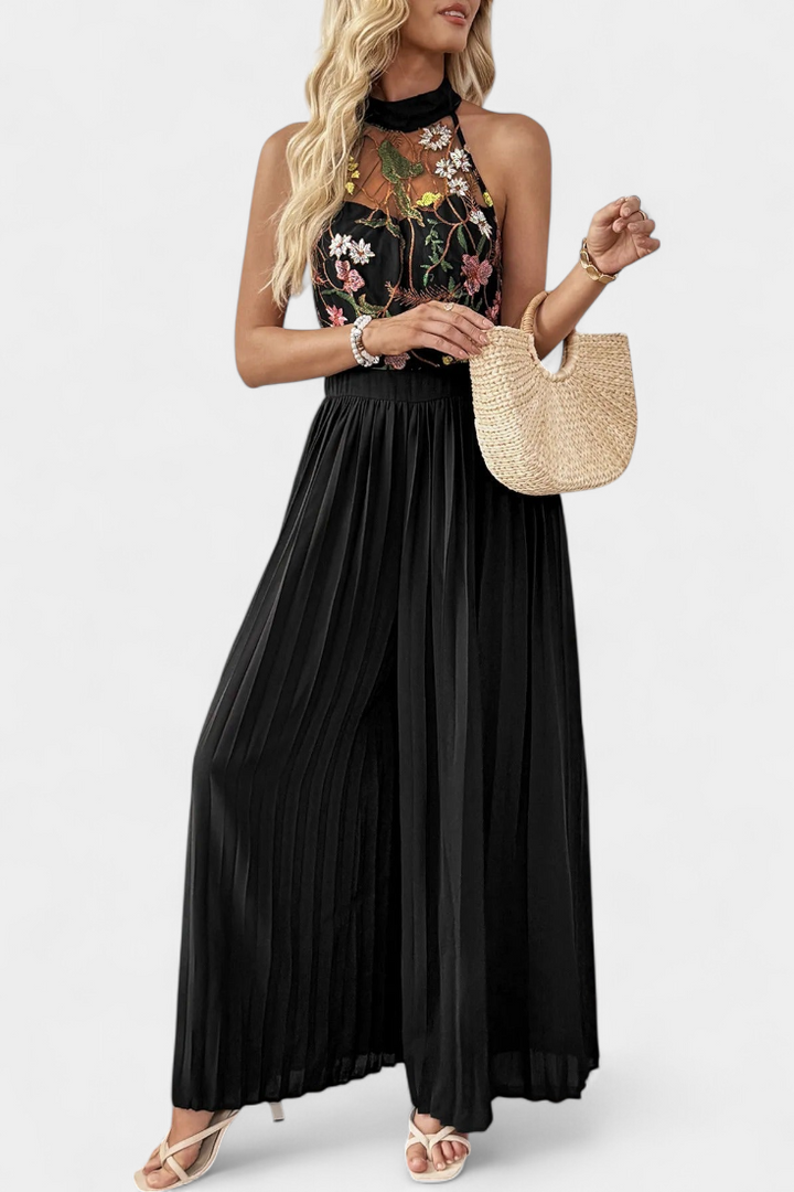 Maruja Mono Palazzo con Bordado Floral y Encaje Transparente