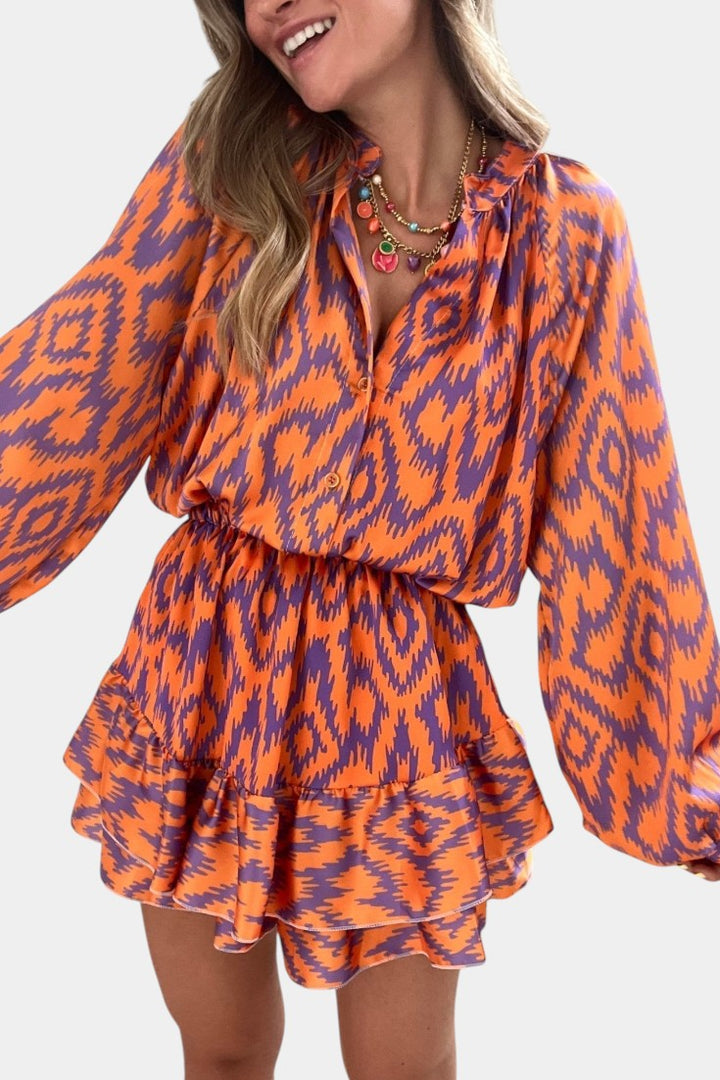 Yasmine Mono Mini con Volantes y Estampado Ikat